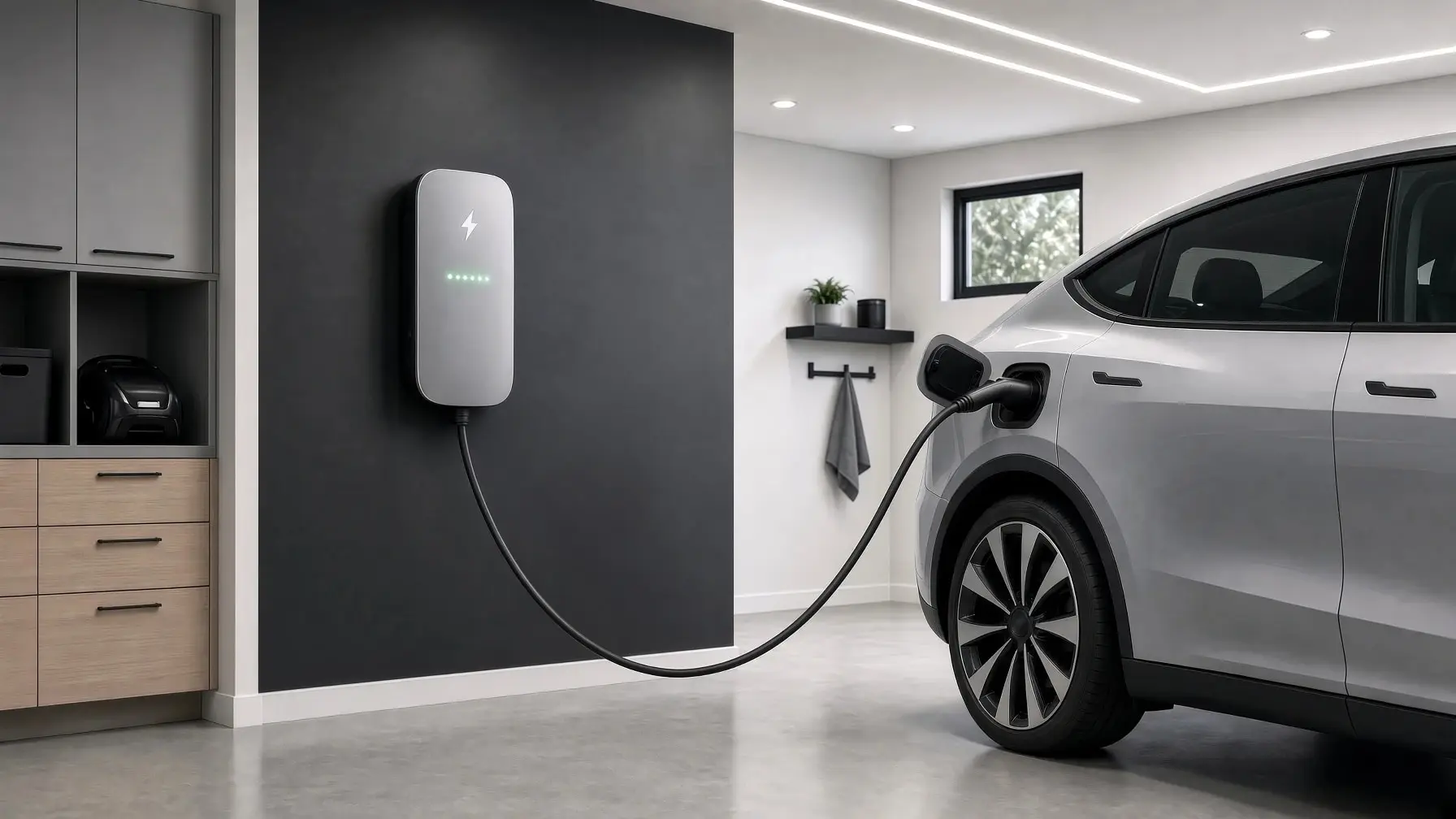 Illustration of a Level 2 EV charger on a garage wall, its cable plugged into a silver electric car.