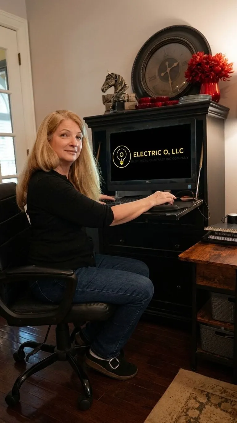 A member of the Electric O office staff at her desk, the Electric O logo on the computer screen.